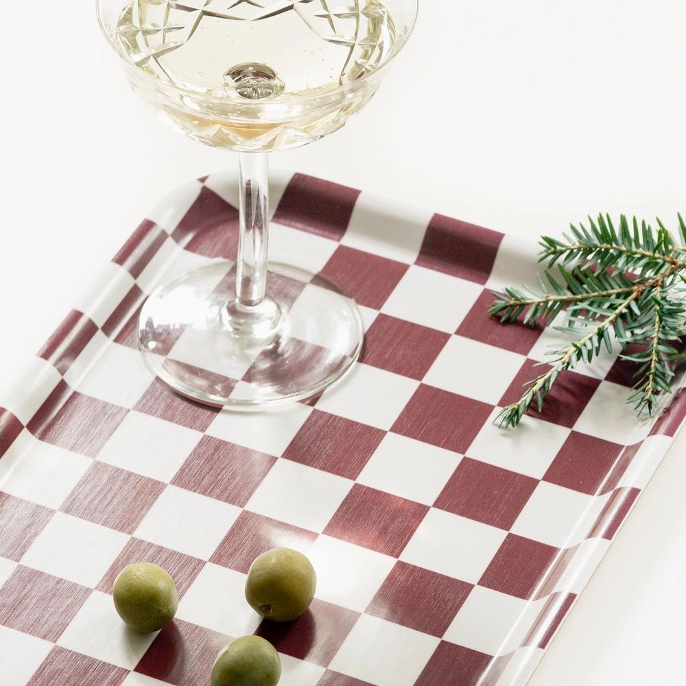 Plateau rectangulaire à motif damier couleur bordeaux
