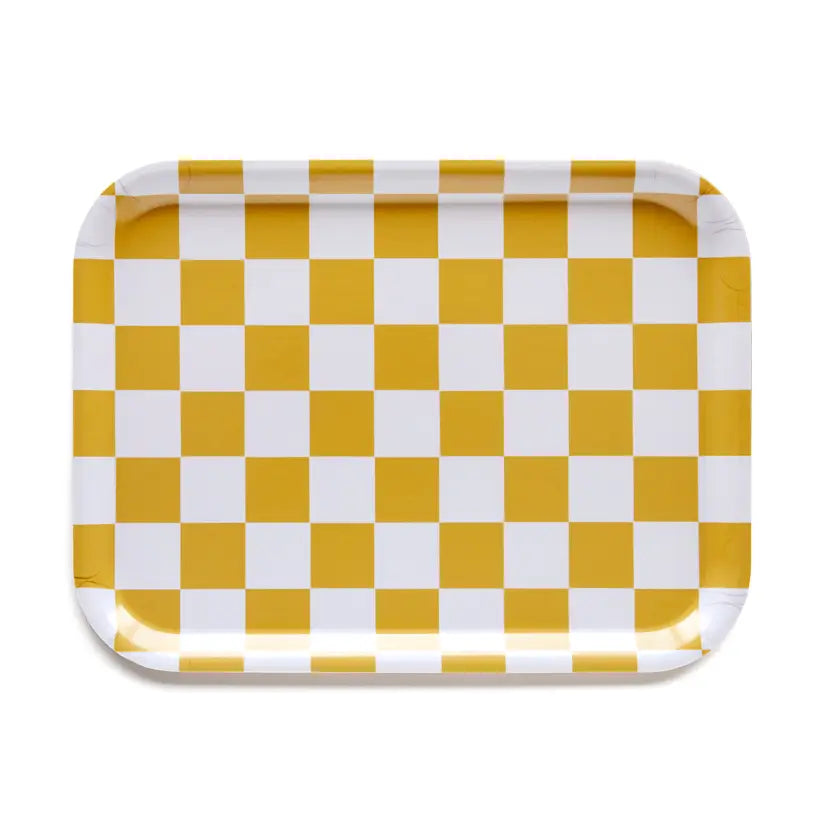 Plateau rectangulaire à motif damier couleur moutarde